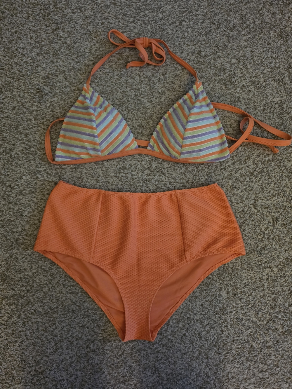 High-Waist Orange Stripe Triangle Bikini Set - Women Swim